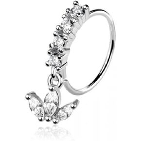 Pierced Owl 20GA 316L Stainless Steel CZ Crystal Lined Hoop with Dangling Marquise Leaves Bendable Nose Ring