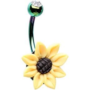Pierced Owl 14G Green Stainless Steel CZ Crystal Sunflower Belly Button Ring