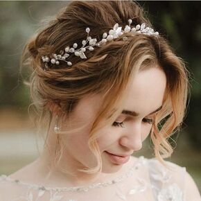 Catery Leaf Bride Wedding Headband Silver Crystal Pearl Hair Vine Braid Headpiece Bridal Hair Accessories for Women and Girls