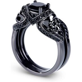 Jeulia 3.6 Carat Black Tone Skull Rings for Women Men Sterling Silver Round Cut Engagement Rings Bridal Sets Wedding Rings Cubic Zirconia Promise Engagement Anniversary with Jewelry Box