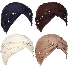 4 Pieces Womens Cross Cotton Pearl Bead Turban Hat Cancer Chemo Beanies Cap Headwrap