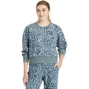 JoyLab Women's French Terry Acid Wash Crewneck Pullover - (Cool Blue Leopard, Large)