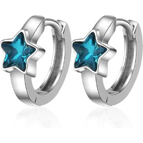 Blue Star Hoop Earrings Crystal CZ Huggie Earrings Silver Pentagram Hoop Earrings Tiny Cute Star Dangle Earrings Hypoallergenic Lightweight Hinged Huggie Hoop Earrings for Women Teen Girls