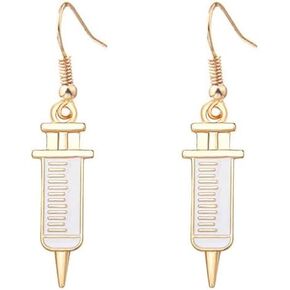 Gold Plated Enamel Medical Syringe Dangle Hoop Earrings Doctor Nurse Jewelry Nurse's Day Gift