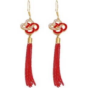 Chinese Knot Taseel Earring Chinese New Years Love Lucky Style Celebration Aesthetic Hanging Dangle Drop Asian Pretty Cubic Zirconia Hook Crystal Spring Festival Gifts Womens Ladies Girls