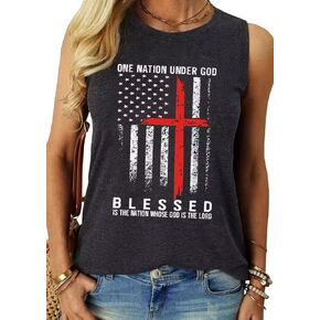 تي شيرت One Nation Under God Blessed American Flag Christian Cross بدون أكمام للنساء تي شيرت مطبوع عليه حروف كلاسيكية in Kuwait