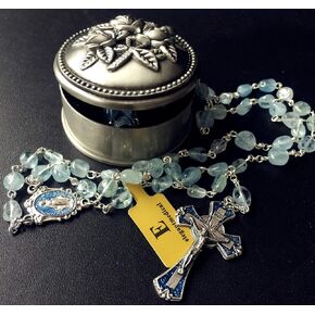 elegantmedical Handmade natrual Aquamarine Beads Silver jesus Crucifix 5 Decade Rosary Cross Catholic Necklace & Box