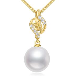 14k Gold Diamond Leaves Pearl Pendant and 14 karat Gold Wheat Chain, Fine Jewelry Preset for Wife/Mother/Girlfirend, 16-18 Inch