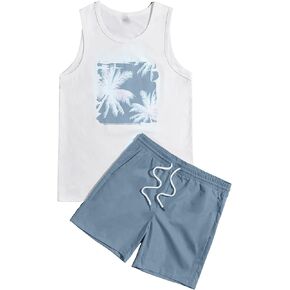 GORGLITTER Men's 2 Piece Outfits Tropical Print Sleeveless Tank Top and Drawstring Waist Shorts Set