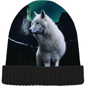 ALAZA Polar Wolf Animal Aurora Lights Beanie for Women Men Winter Hat Reversible Skull Cuffed Knit Cap