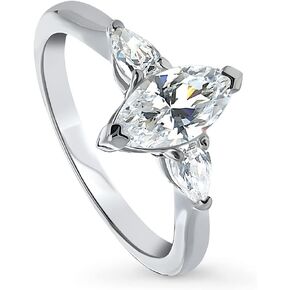 BERRICLE Sterling Silver 3-Stone Wedding Engagement Rings Marquise Cut Cubic Zirconia CZ Anniversary Promise Ring for Women, Rhodium Plated Size 4-10