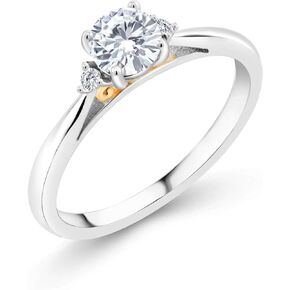 Gem Stone King 925 Sterling Silver and 10K Yellow Gold Customized and Personalized 5MM Round Gemstone Birthstone and White Lab Grown Diamond Engagement Ring For Women