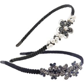 TCOTBE 2 Pack Rhinestone Hair Accessories Crystal Headband Shiny Butterfly Flowers Hair Headbands Vintage Parties Hair Accessory Sparkly Beaded Hair Hoops Jewelry Pearl Headbands for Women