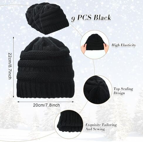 Liitrsh 9 Pcs Women Winter Knit Beanie Hats Ski Cap Slouchy Beanie Hat Cable Knit Beanie for Running Hiking (Black) in Kuwait