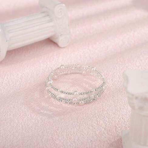 Xerling Boho Faux Pearl Bracelets for Women Adjustable Layered Bangle Bracelets for Girls Crystal Rhinestones Hand Jewelry for Bridal Wedding Elastic Stretch Hand Chains (Type A-Gold) in Saudi Arabia