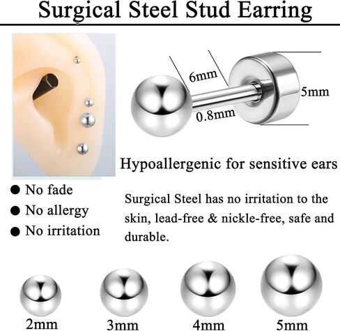 CASSIECA 4 أزواج من الأقراط الجراحية المصنوعة من الفولاذ المقاوم للصدأ وأقراط من الفولاذ المقاوم للصدأ للنساء والرجال قوس قزح AB مكعب زركونيا الكرة الغضروف ترصيع أقراط مضادة للحساسية للآذان الحساسة in Kuwait