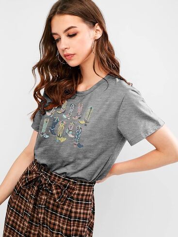 Western Cowgirl Boots Shirt Women Boho Cowboy T-Shirt Country Music Short Sleeve Tops with Round Neck in Saudi Arabia
