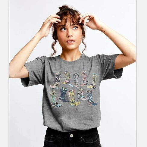Western Cowgirl Boots Shirt Women Boho Cowboy T-Shirt Country Music Short Sleeve Tops with Round Neck in Saudi Arabia