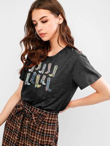 Western Cowgirl Boots Shirt Women Boho Cowboy T-Shirt Country Music Short Sleeve Tops with Round Neck in Saudi Arabia