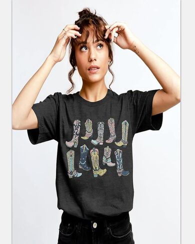 Western Cowgirl Boots Shirt Women Boho Cowboy T-Shirt Country Music Short Sleeve Tops with Round Neck in Saudi Arabia