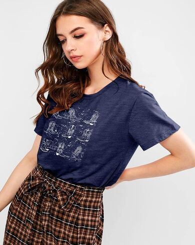 Western Cowgirl Boots Shirt Women Boho Cowboy T-Shirt Country Music Short Sleeve Tops with Round Neck in Saudi Arabia