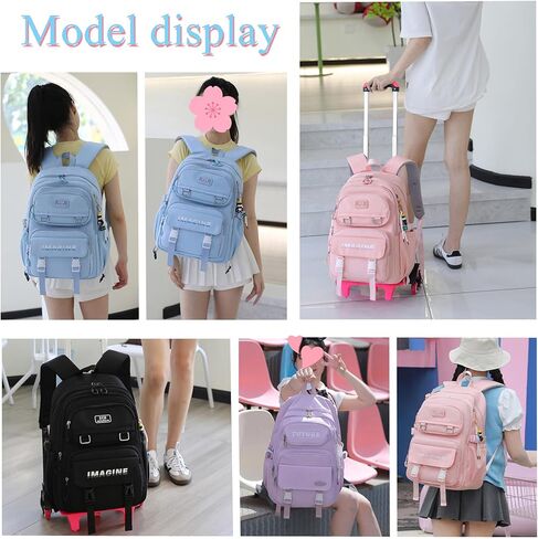 EKUIZAI Aesthetic Rolling Backpack for Girls Large-capacity secondary school bag Solid Color Girls Trolley Backpack (Purple) in Kuwait