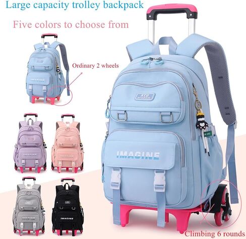 EKUIZAI Aesthetic Rolling Backpack for Girls Large-capacity secondary school bag Solid Color Girls Trolley Backpack (Purple) in Kuwait