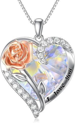 TOUPOP Jewelry for Women Rose Flower Necklace 925 Sterling Silver Rose Crystal Pendant Necklace Heart Birthstone Necklace Birthday Anniversary Jewelry Gifts for Women Wife Girls Mom in Kuwait