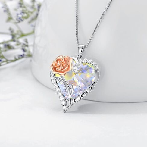TOUPOP Jewelry for Women Rose Flower Necklace 925 Sterling Silver Rose Crystal Pendant Necklace Heart Birthstone Necklace Birthday Anniversary Jewelry Gifts for Women Wife Girls Mom in Kuwait