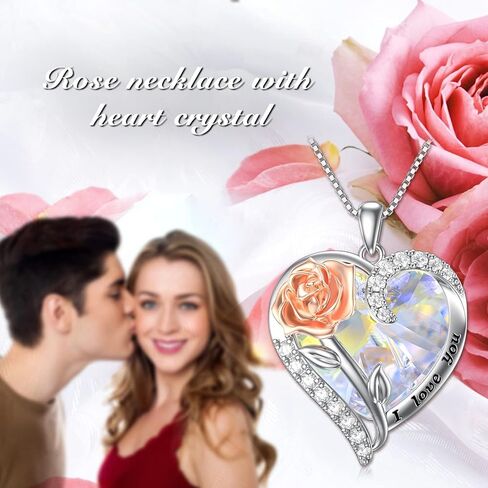 TOUPOP Jewelry for Women Rose Flower Necklace 925 Sterling Silver Rose Crystal Pendant Necklace Heart Birthstone Necklace Birthday Anniversary Jewelry Gifts for Women Wife Girls Mom in Kuwait