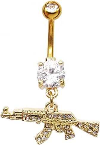Fashion Dangle Navel Ring Clear Gem Gun Belly Button Ring Body Piercing Jewelry for Women Belly Piercing Gold Gold in Saudi Arabia