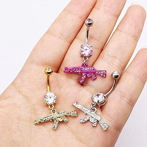 Fashion Dangle Navel Ring Clear Gem Gun Belly Button Ring Body Piercing Jewelry for Women Belly Piercing Gold Gold in Saudi Arabia