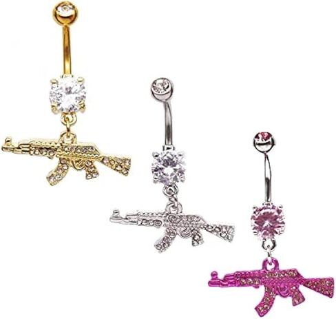 Fashion Dangle Navel Ring Clear Gem Gun Belly Button Ring Body Piercing Jewelry for Women Belly Piercing Gold Gold in Saudi Arabia