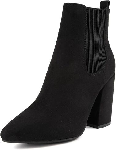 حذاء تشيلسي الشتوي للسيدات من Sugar - كعب عالٍ مكتنز، مقدمة مدببة، حذاء طويل للكاحل - Myrah-Black Micro-7 in Kuwait