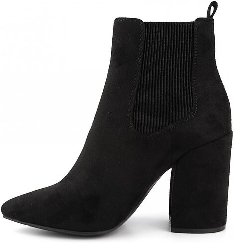 حذاء تشيلسي الشتوي للسيدات من Sugar - كعب عالٍ مكتنز، مقدمة مدببة، حذاء طويل للكاحل - Myrah-Black Micro-7 in Kuwait