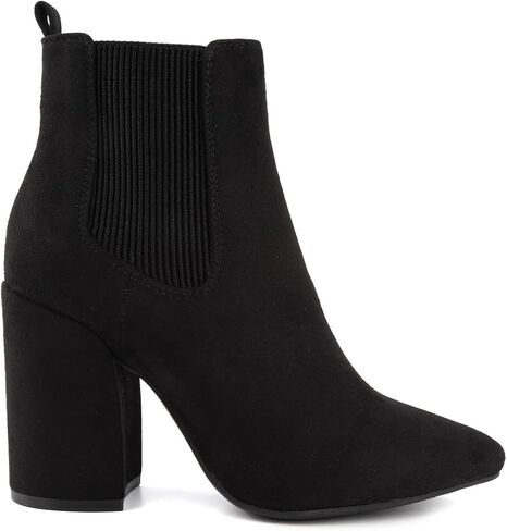 حذاء تشيلسي الشتوي للسيدات من Sugar - كعب عالٍ مكتنز، مقدمة مدببة، حذاء طويل للكاحل - Myrah-Black Micro-7 in Kuwait