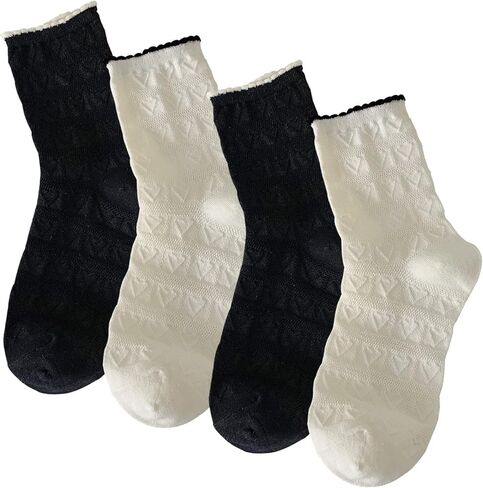 ZRYLIBYA Women's 4 Pairs Crochet Textured Ankle Socks Scalloped Pointelle Solid Color Basic Casual Crew Sock Size 5-9 (Black, White with Heart), Multicolor, One size in Kuwait