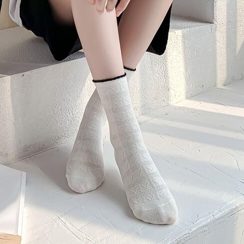 ZRYLIBYA Women's 4 Pairs Crochet Textured Ankle Socks Scalloped Pointelle Solid Color Basic Casual Crew Sock Size 5-9 (Black, White with Heart), Multicolor, One size in Kuwait