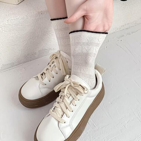 ZRYLIBYA Women's 4 Pairs Crochet Textured Ankle Socks Scalloped Pointelle Solid Color Basic Casual Crew Sock Size 5-9 (Black, White with Heart), Multicolor, One size in Kuwait