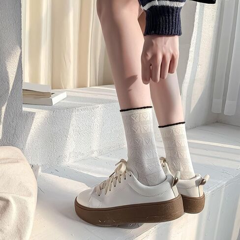 ZRYLIBYA Women's 4 Pairs Crochet Textured Ankle Socks Scalloped Pointelle Solid Color Basic Casual Crew Sock Size 5-9 (Black, White with Heart), Multicolor, One size in Kuwait