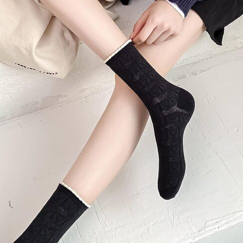 ZRYLIBYA Women's 4 Pairs Crochet Textured Ankle Socks Scalloped Pointelle Solid Color Basic Casual Crew Sock Size 5-9 (Black, White with Heart), Multicolor, One size in Kuwait