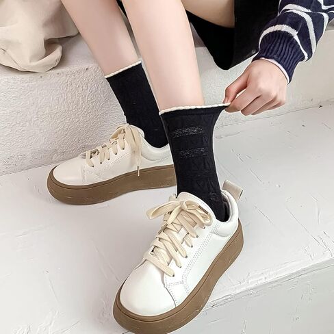 ZRYLIBYA Women's 4 Pairs Crochet Textured Ankle Socks Scalloped Pointelle Solid Color Basic Casual Crew Sock Size 5-9 (Black, White with Heart), Multicolor, One size in Kuwait