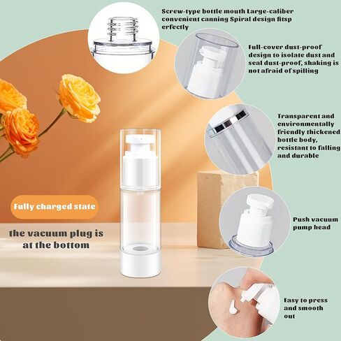 1oz/30ml Airless Pump Bottles, Refillable Empty Travel Lotion Container, Plastic Cosmetic Dispenser with Bottle Labels for Cosmetics, Lotion, Essential oil, Shampoo (6 Pack) in Kuwait