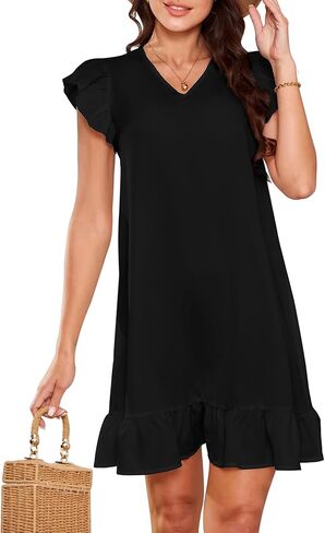 فستان نسائي صيفي كاجوال موديل 2024 برقبة على شكل V وأكمام قصيرة مكشكشة، فساتين واسعة واسعة in Kuwait