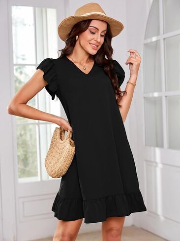 فستان نسائي صيفي كاجوال موديل 2024 برقبة على شكل V وأكمام قصيرة مكشكشة، فساتين واسعة واسعة in Kuwait