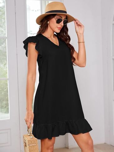 فستان نسائي صيفي كاجوال موديل 2024 برقبة على شكل V وأكمام قصيرة مكشكشة، فساتين واسعة واسعة in Kuwait