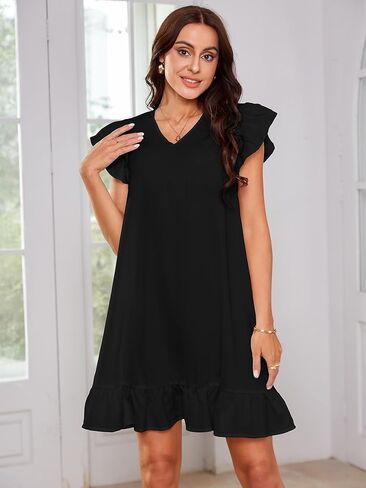 فستان نسائي صيفي كاجوال موديل 2024 برقبة على شكل V وأكمام قصيرة مكشكشة، فساتين واسعة واسعة in Kuwait