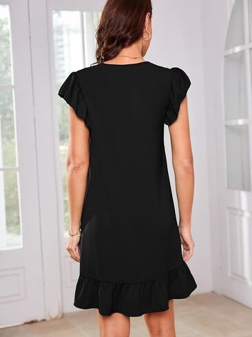 فستان نسائي صيفي كاجوال موديل 2024 برقبة على شكل V وأكمام قصيرة مكشكشة، فساتين واسعة واسعة in Kuwait