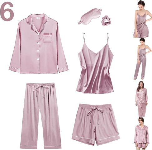 WJing Yi Jia 6Pcs Womens Silk Satin Pajama Sets Pj Sets Long Pjs Set Pajamas Sleepwear Camisole Sexy Cami in Saudi Arabia