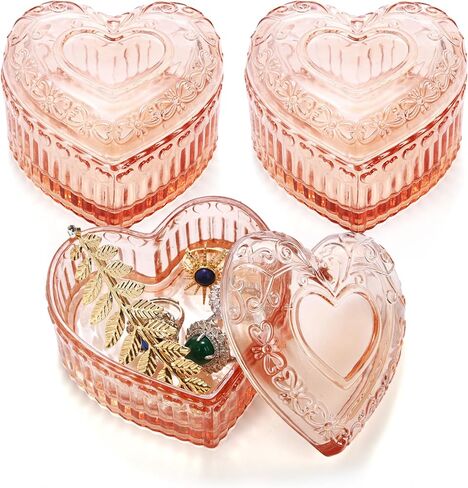 3 Pack Embossed Jewelry Box, Crystal Glass Heart-Shaped Storage Box, See-Through Candy Box with Lid, Small Covered Trinket Storage Organizer Box for Valentine's Day, Gifts, Wedding, Pink in Saudi Arabia